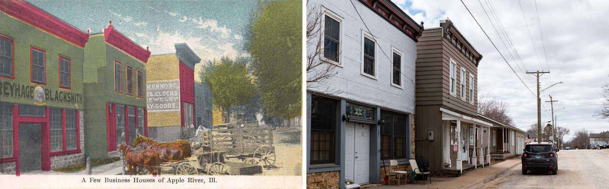 Postcard on the left: three two-story wood frame buildings with three horses and two carts in front of them on the street, colorfully illustrated. Photo on the right: two of the buildings still stand, light blue and brown, with two chairs on the street and a blue car.