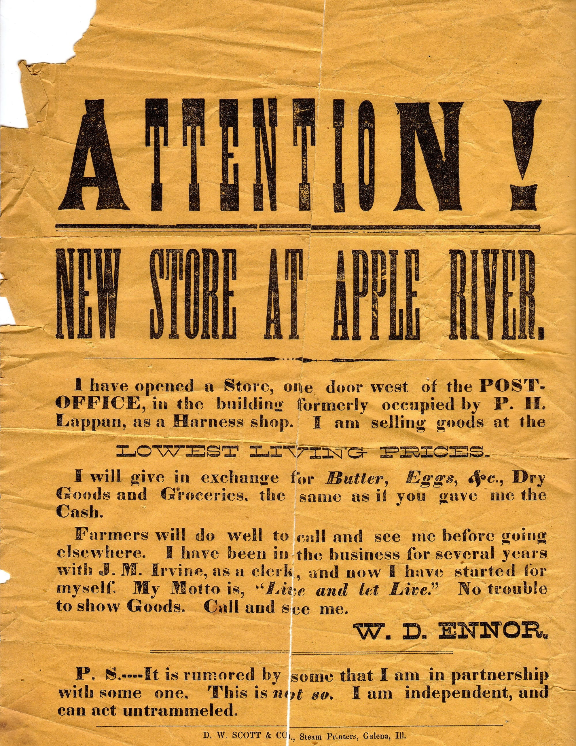 Flyer, "ATTENTION: NEW STORE AT APPLE RIVER."