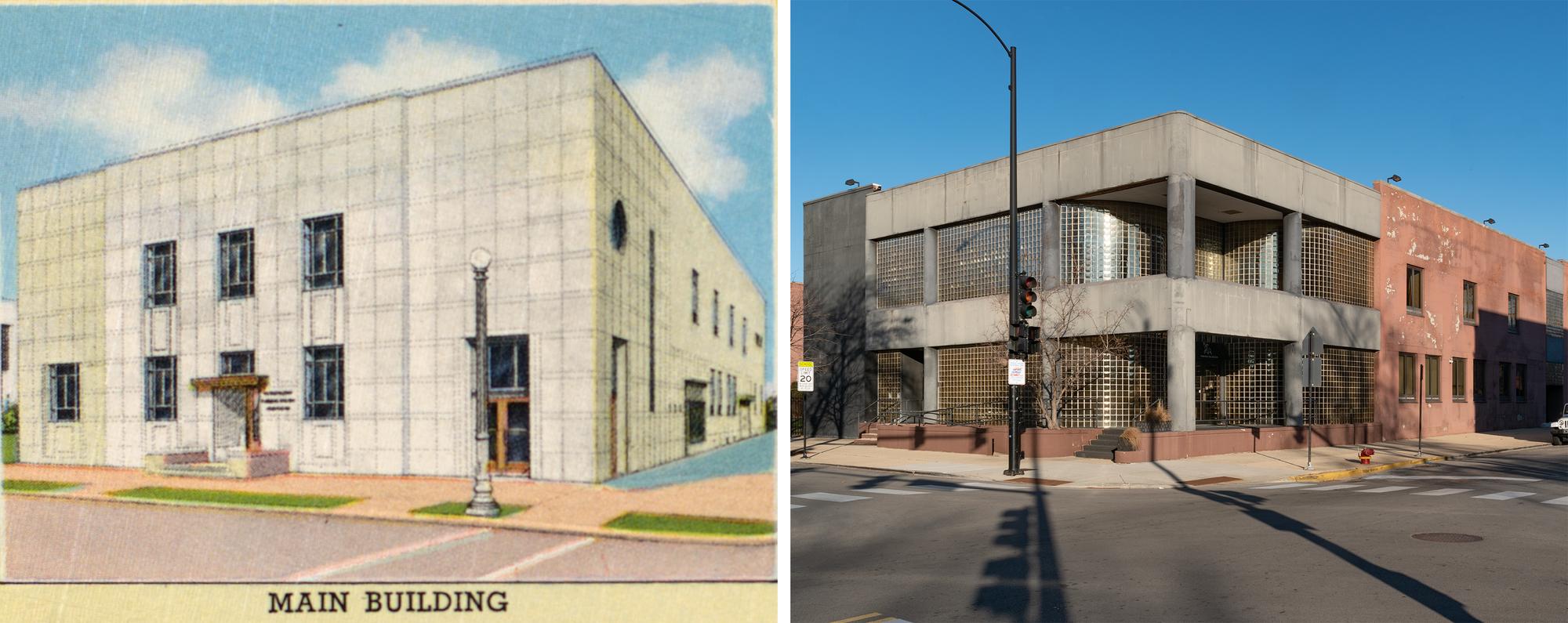 Postcard on the left: minimalist beige art moderne, wood front doors, old street lamp with round bulb. Photo on the right: grey and salmon with lots of glass block.