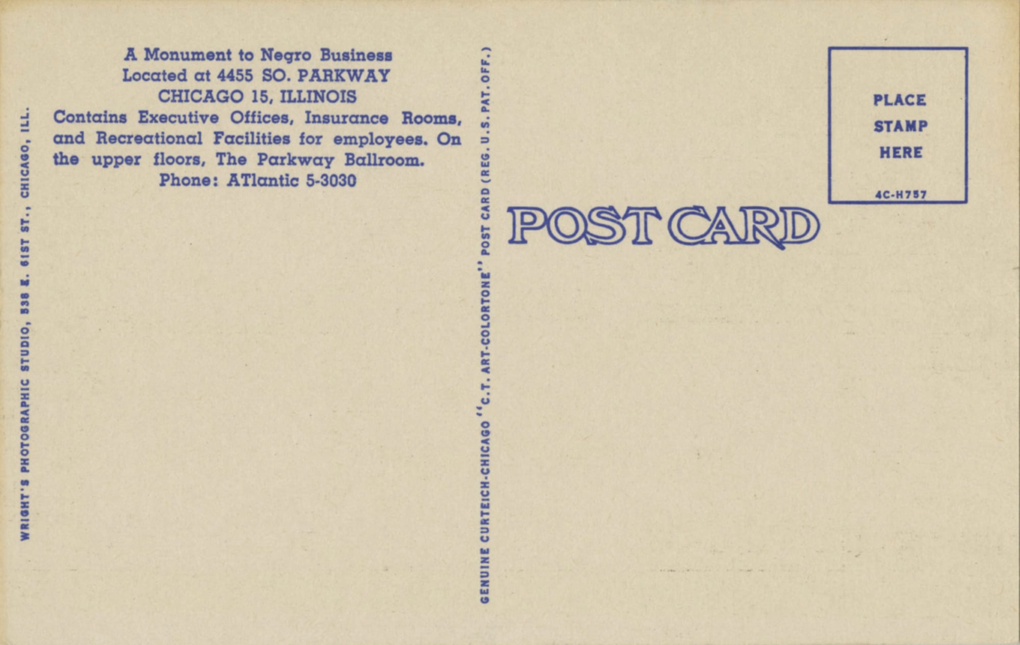 Back of an unused postcard, "A Monument to Negro Business".