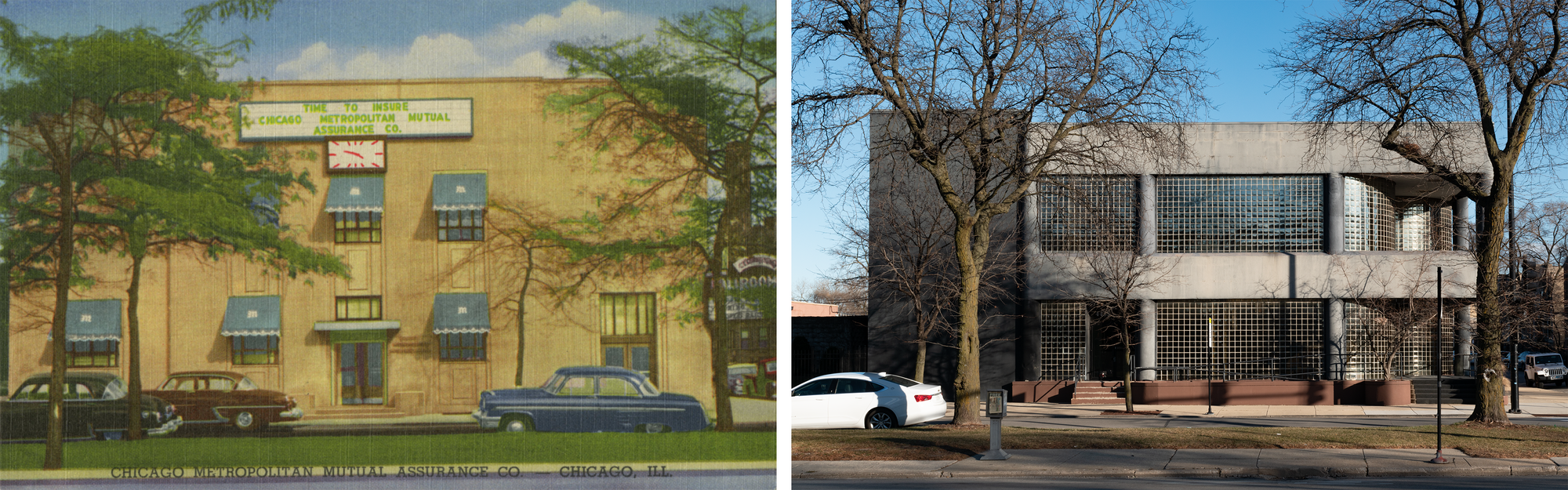 Postcard on left: beige two story building, blue awnings, trees, clock, sign that says "Time to Insure", Parkway marquee. Photo on the right: grey and brown concrete with glass block, no marquee, same trees but bigger. 