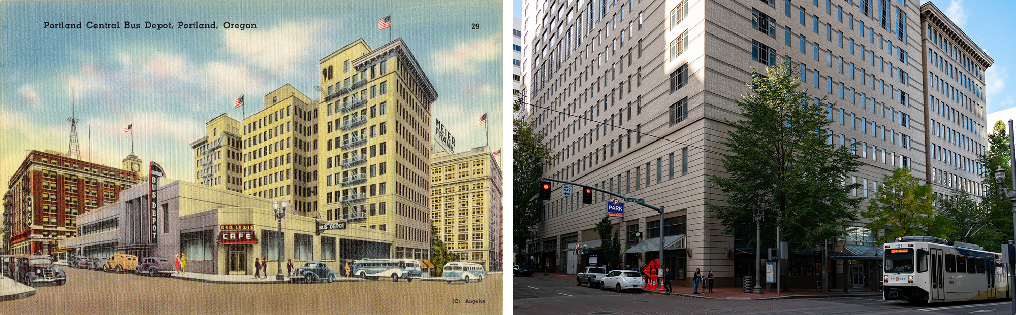 Postcard on the left: two story bus terminal in the foreground, two buses, many cars, Geo. Lewis Cafe on the corner, YMCA in the background. Photo on the right: tall beige masonry building with a MAX Light Rail streetcar.