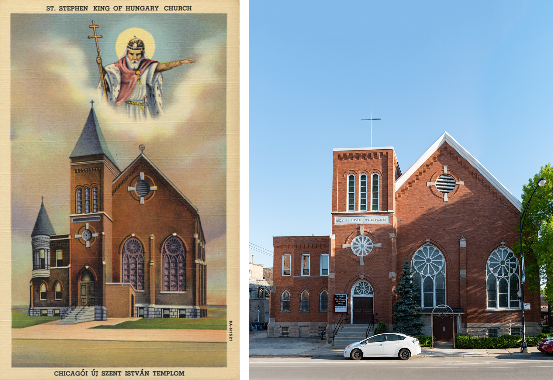 Postcard on the left: linen, red brick church with St. Stephen in a cloud looking down from above, turret on the parsonage, pitched roof on the tower. Photo on the right: no saint, no turret, no pitched roof, an evergreen in front of the church.