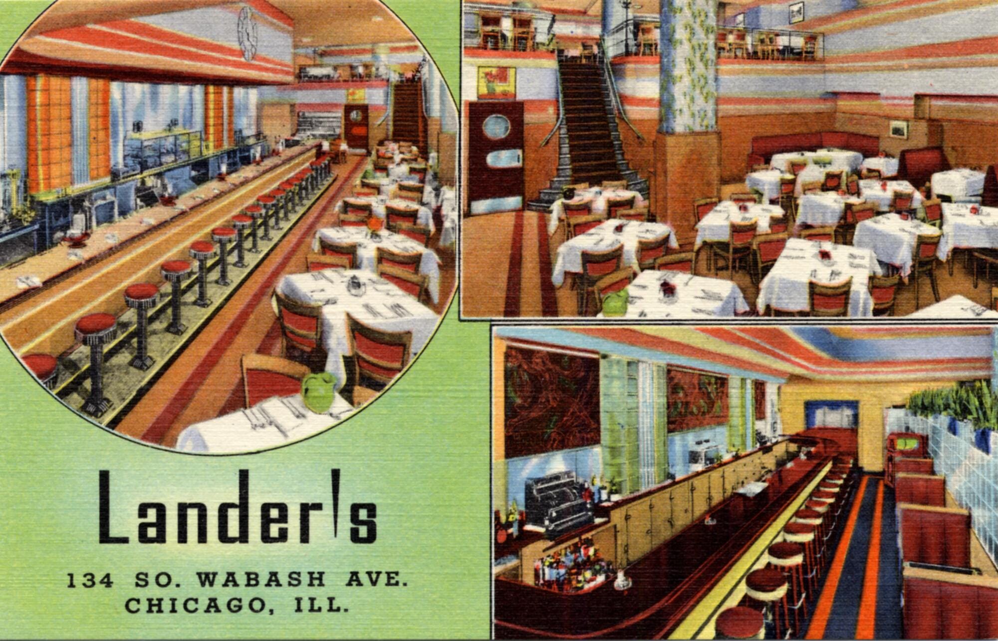 1942 linen postcard of the interior. Green background, stylish spiky typeface, Art Deco bar with stairs at the back to a mezzanine seating level.