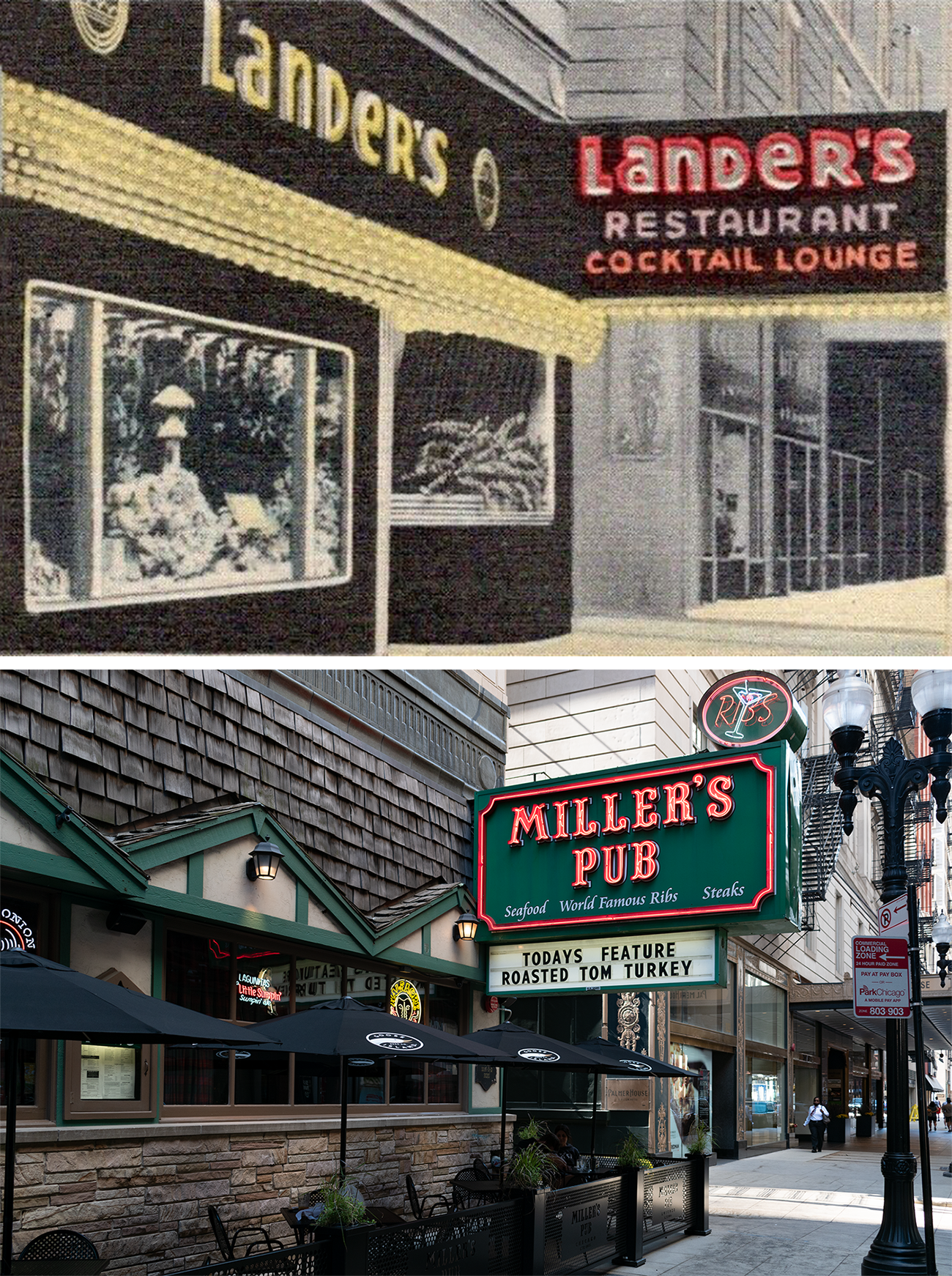 Above, Lander's Restaurant: black facade, metal around the windows, hundreds of light bulbs, neon sign overhanging sidewalk. Below, Miller's Pub: shingles, faux timber and stonework, neon sign overhanging sidewalk.