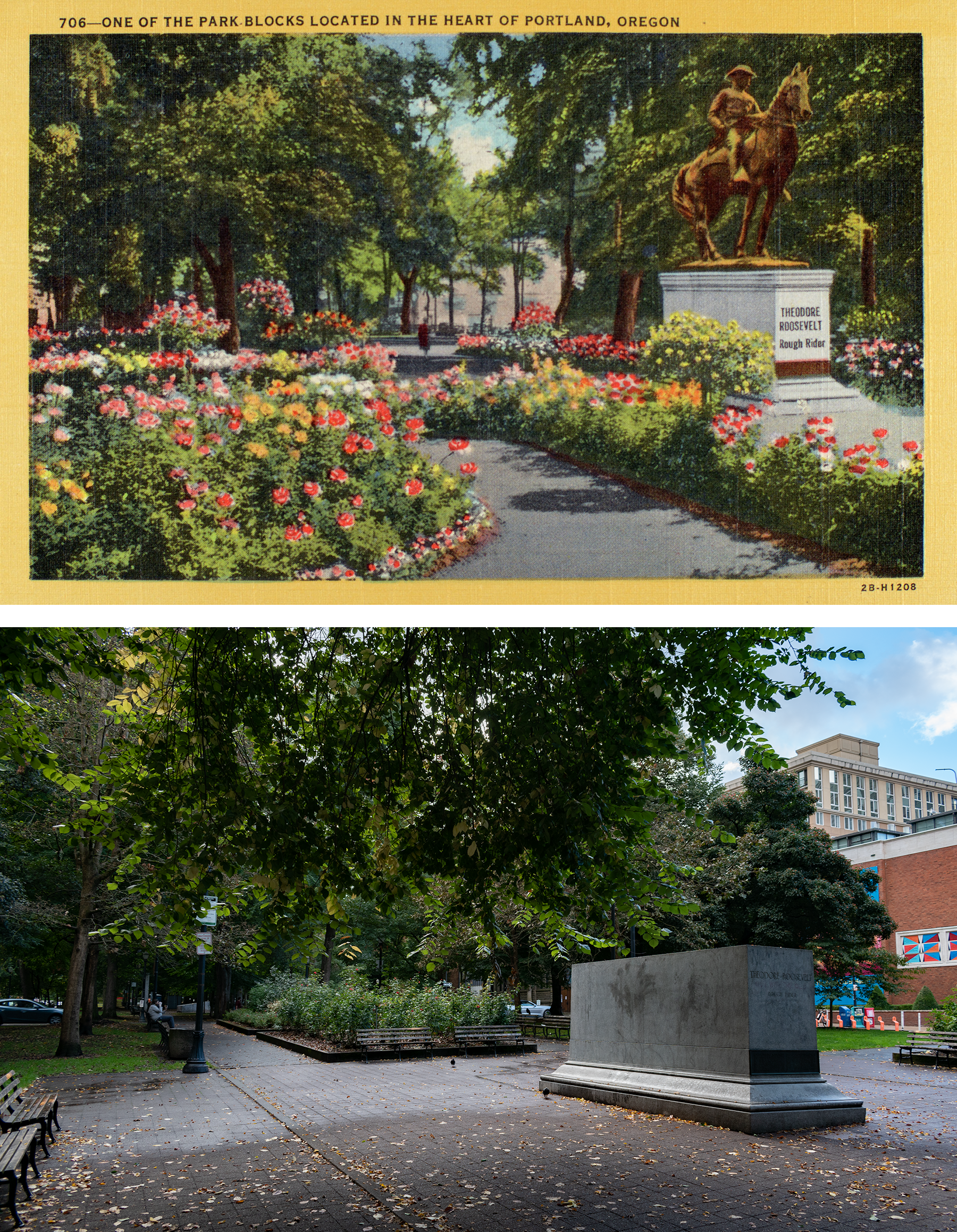 Above, 1942 postcard, with yellow border, flowers, gleaming statue. Below, 2022 photo, with no flowers, very green, empty plinth, colorful facade of art museum in back, and more benches.