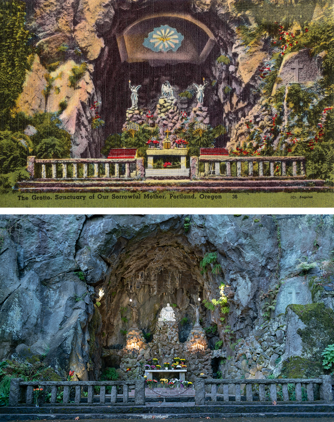 Above, the linen postcard of the grotto: lush greenery, gray stone, altar, candles, statuary, decoration on the roof of the cavern. Below, the photo: lush greenery, gray stone, altar, candles, statuary.