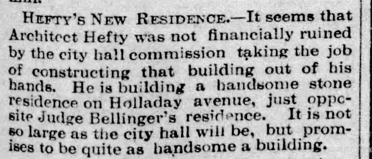 newspaper article about a fancy new house henry hefty was building for himself.