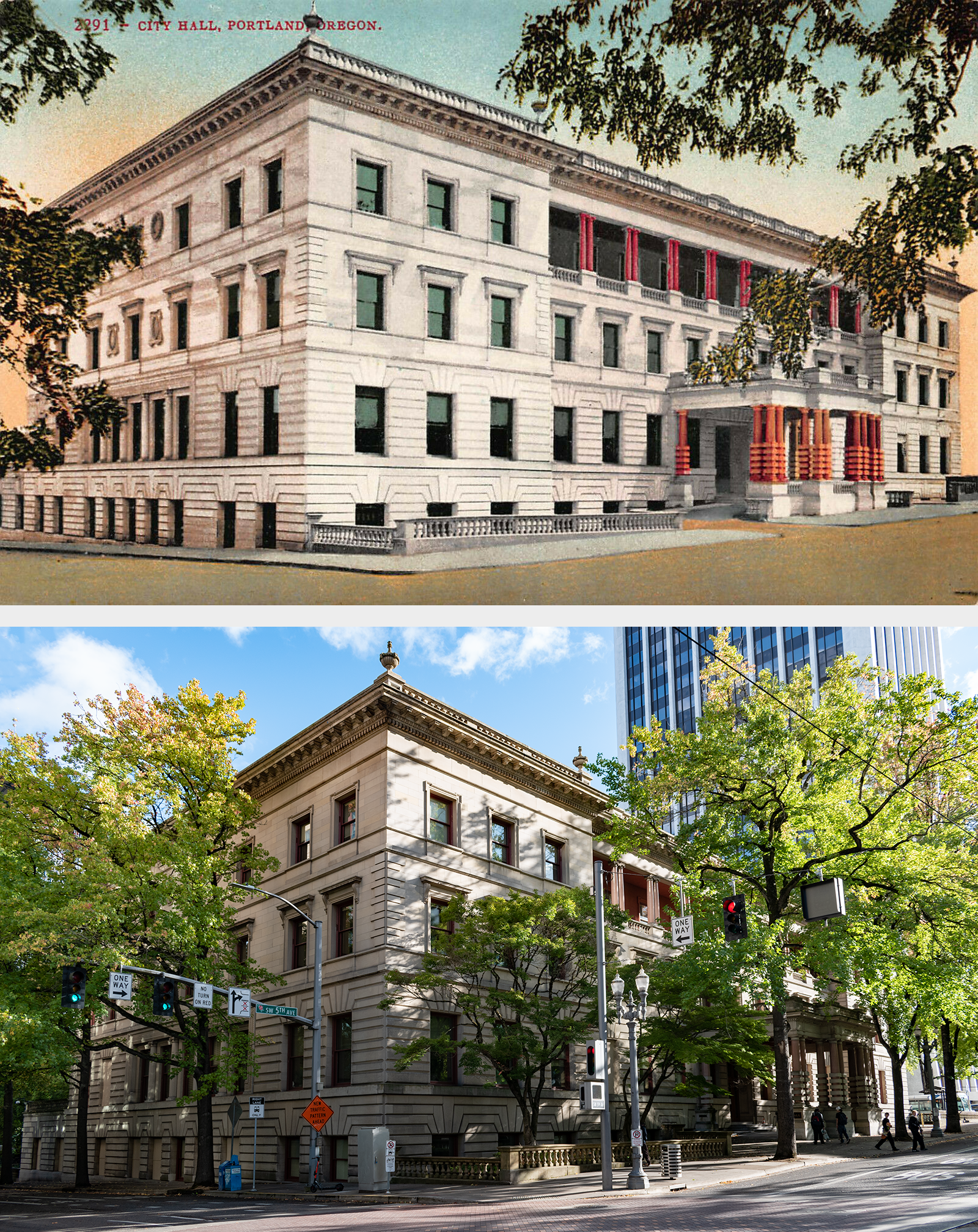 Postcard above, red columns in the portico and orangish columns in the loggia. Photo below, many more trees but otherwise the building looks the same. The differing stone colors much more muted.