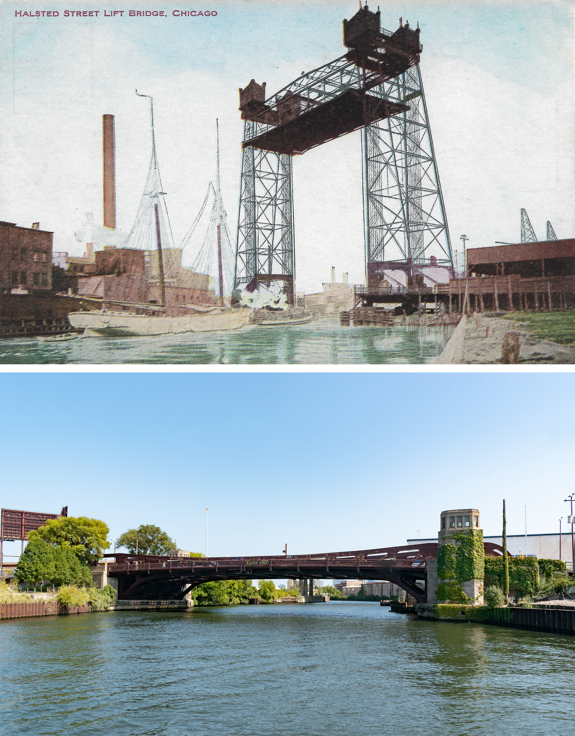 Postcard on top, lift bridge in raised position with a small ship and a larger two masted white ship passing through with a large industrial facility and a big smokestack. On the bottom, the photo: more trees, no ships, no buildings on the riverbank, art deco bridgehouses.