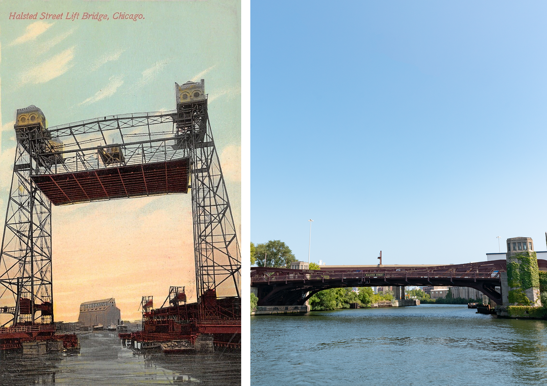 On the left, postcard of the Halsted Street Lift Bridge in the raised position very high in the air, grain elevator in the background with docked ships. On the right, a photo with the bridge replaced by a lower bascule bridge with Art Deco bridgehouses, grain elevator still in background. 