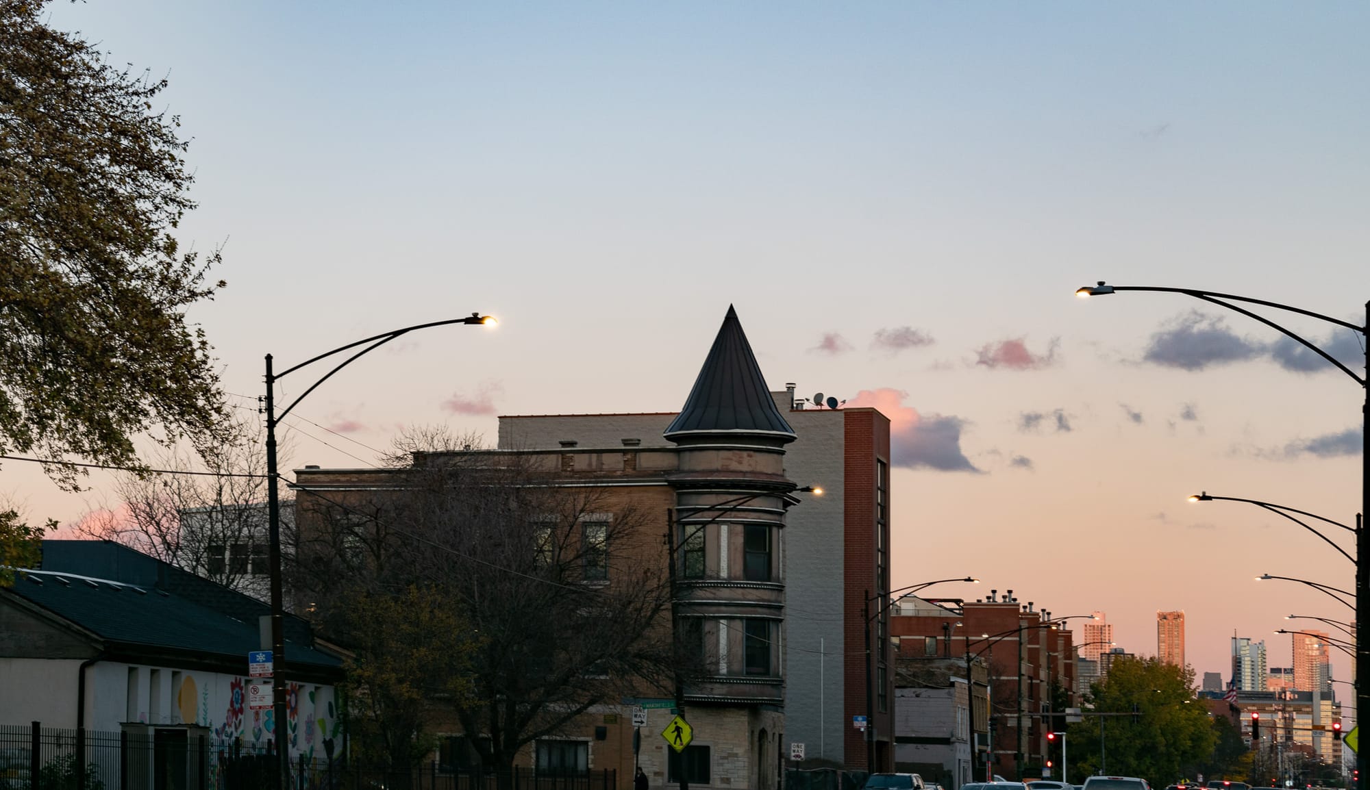 Turreted building across Marshfield from the old parish complex, where the funeral home was.