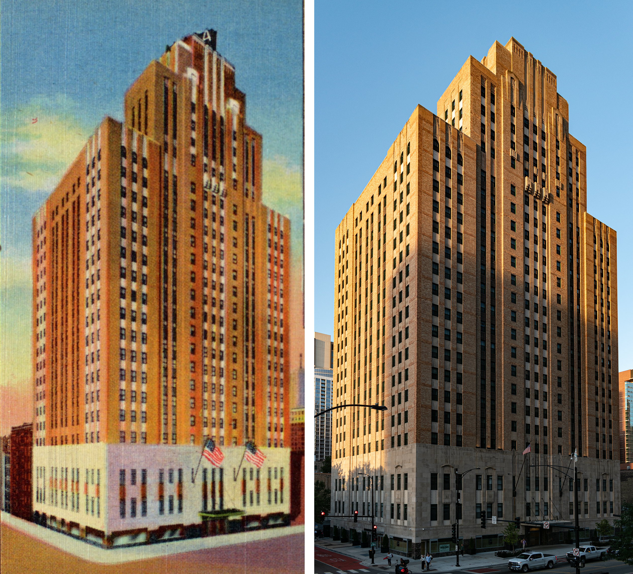 On the left, 1942 linen postcard of the Lawson YMCA. Brownish with beige highlights, awning over front entrance with two US flags. On the right, 2024 photo...looks basically the same. 