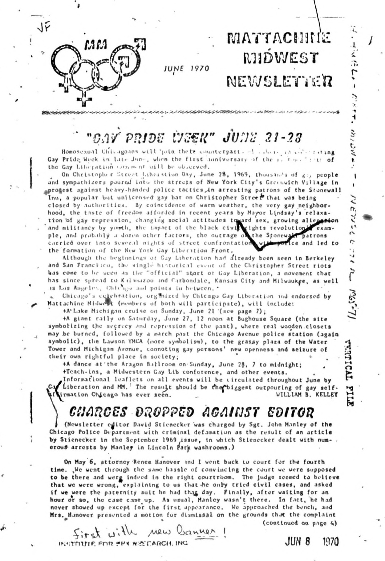 Newsletter scan laying out the activities for Gay Pride Week, 1970