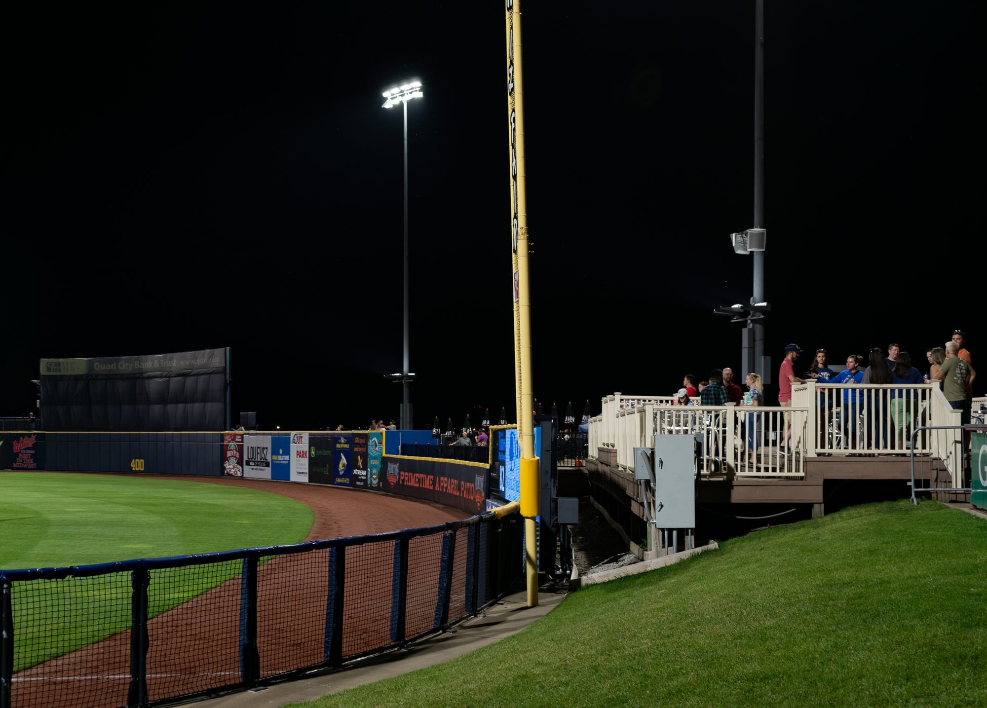 Outfield, right field foul pole and party deck. 