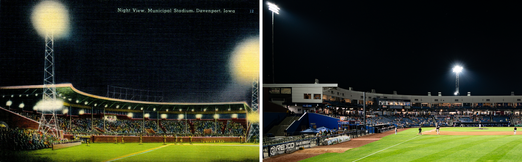 Postcard on the left, night game with a curving grandstand behind home plate with a roof, two light standards, stands full. Photo on the right, no roof over grandstand, shrunken foul territory, luxury boxes, real dugouts. 