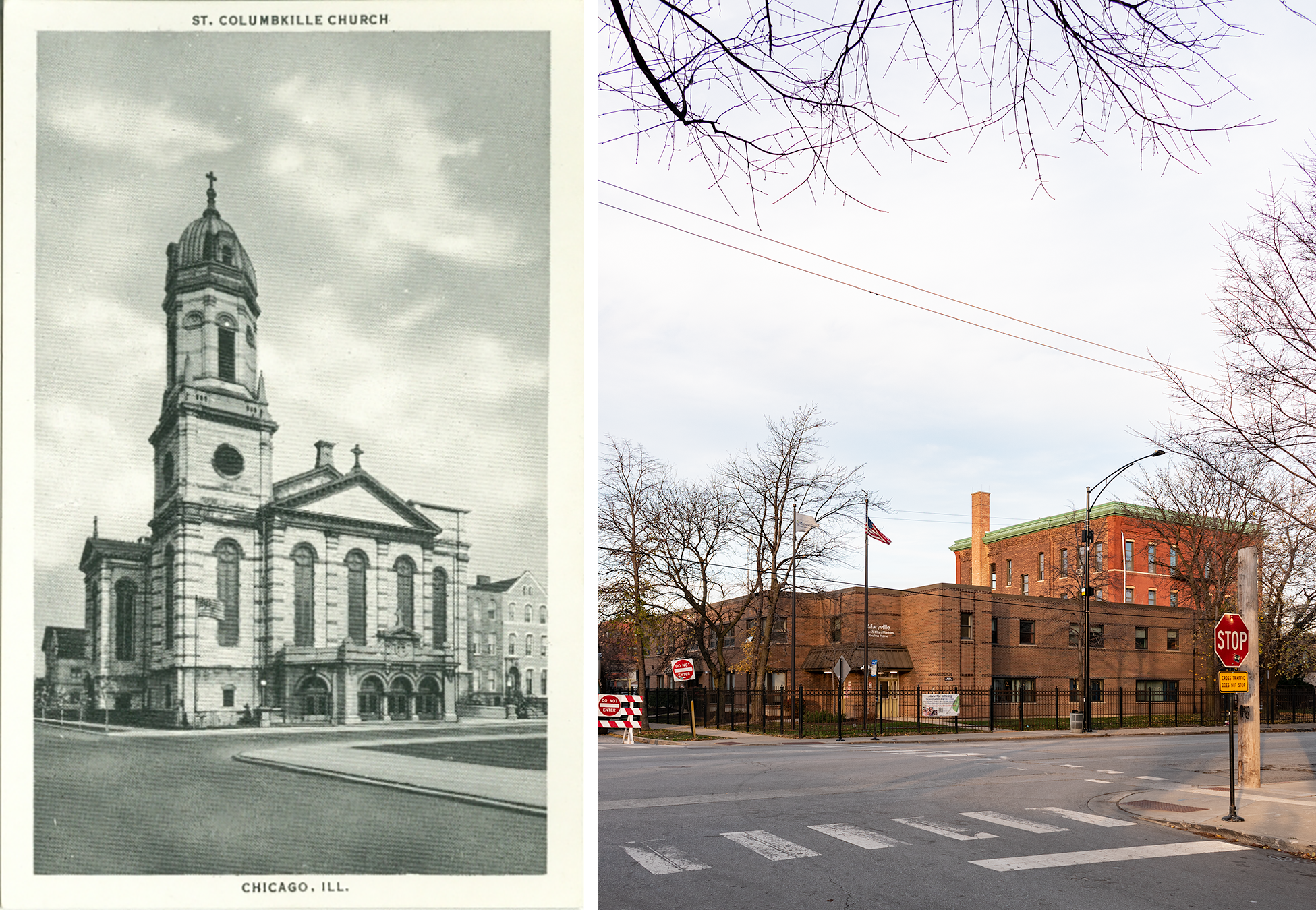 On the left, photo postcard of the church in black and white: stone, tower, three flats next door. On the right, photo: two story brick building with slightly spooky looking 1890s masonry school rising behind. 