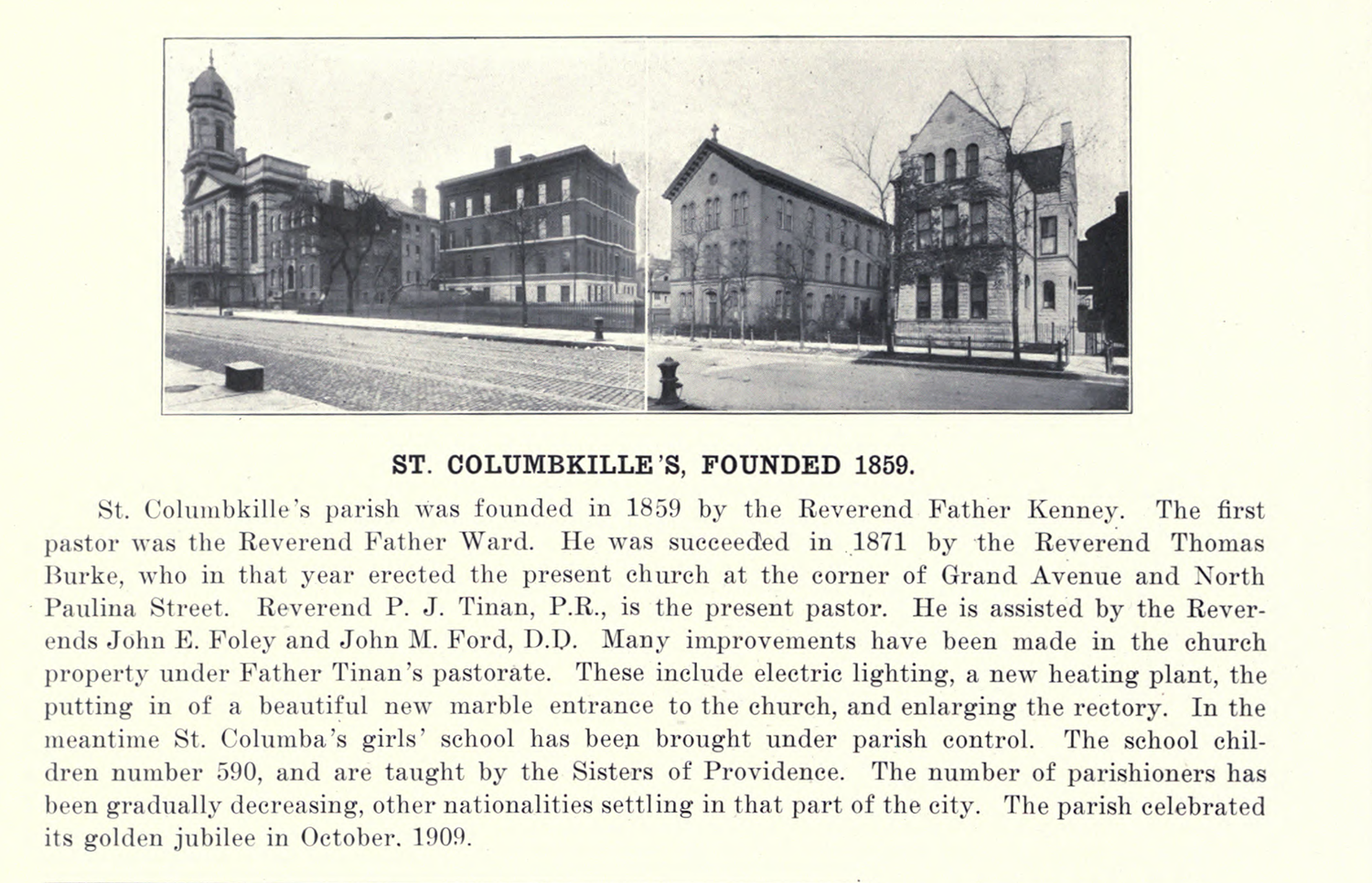 Black and white photo of the church, school and rectory from the southeast. 