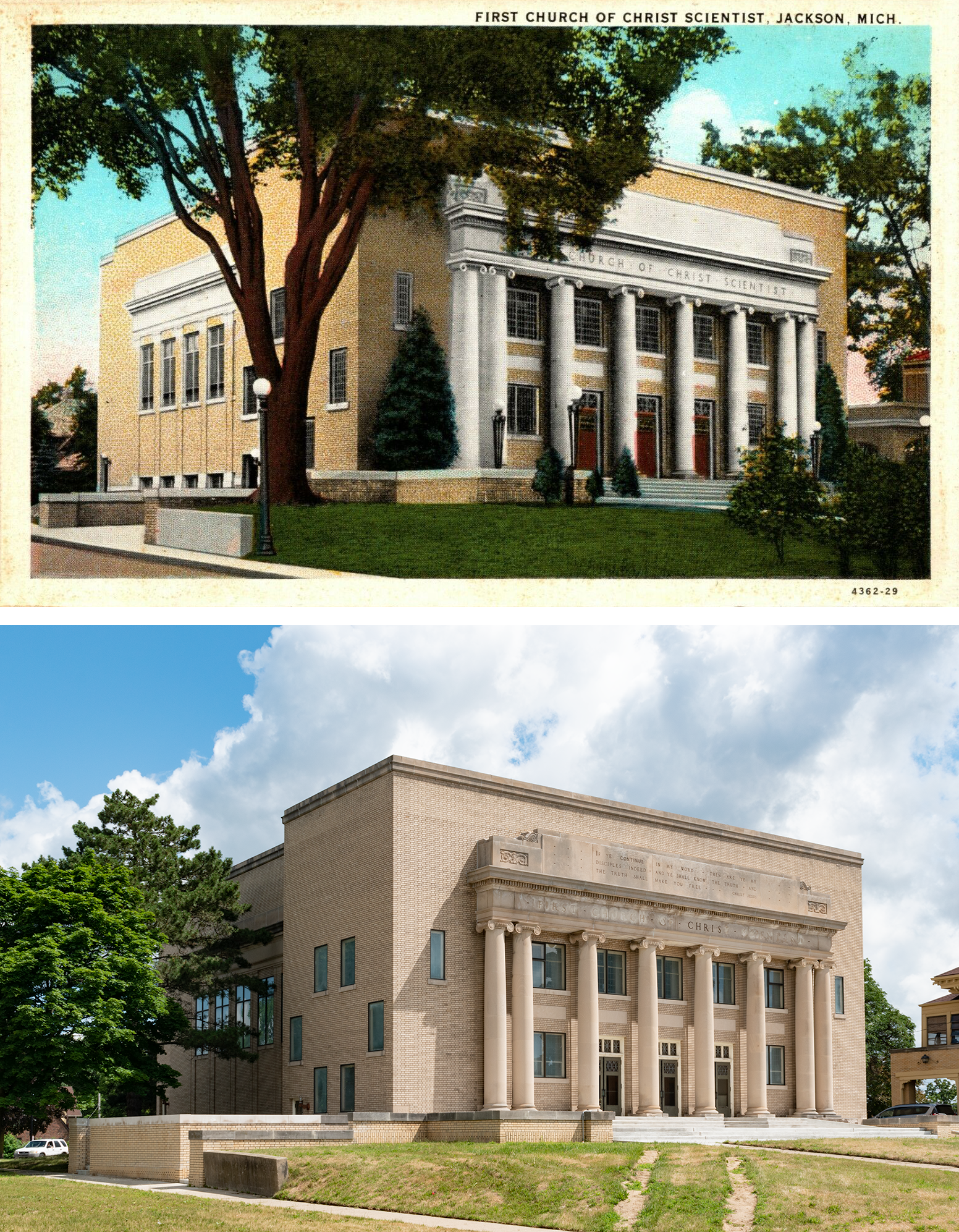 Postcard on top: yellow brick church with ionic columns, big tree in the foreground, green evergreen shrubbery, black metal light fixtures. Photo below: no trees or shrubbery in front of the church, still yellow brick with columns, damage to grass indicating someone drove up to it, engraving of "First Church of Christ Scientist" defaced to read "Chris".