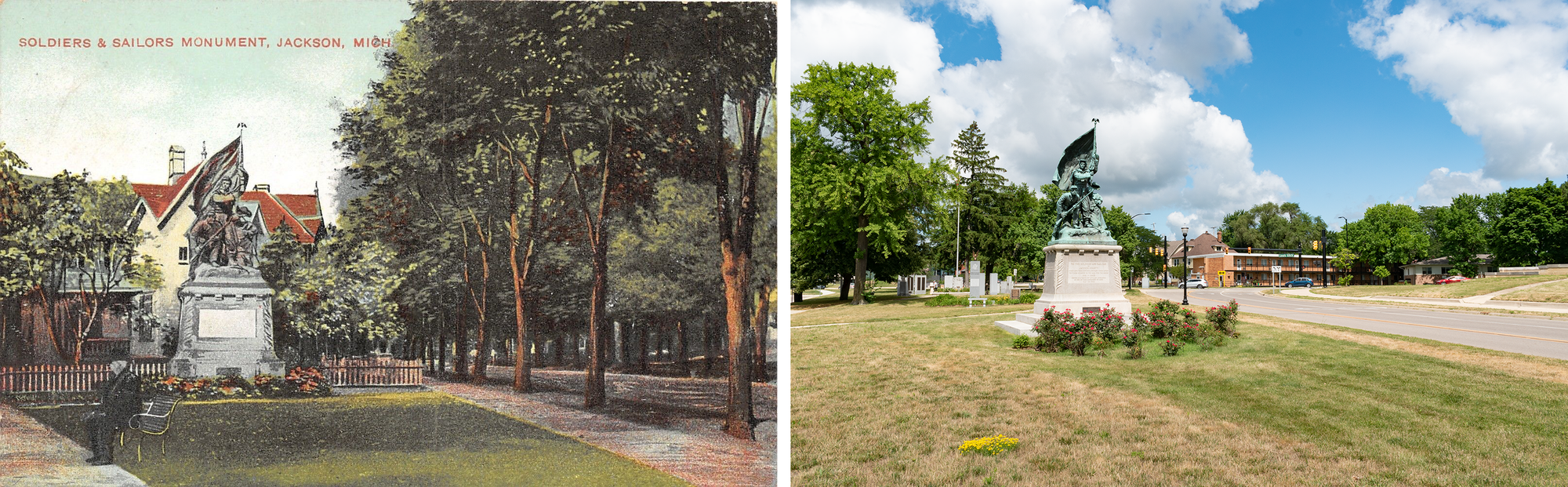 Postcard on the left, person sitting on bench at a small park, sculpture on a large plinth surrounded by flowers, bronze of three men one with gun one waving flag, home in background, tree-lined street. Photo on the right, no bench no people, monument unchanged, flowers, big road, no sidewalks, fewer trees.