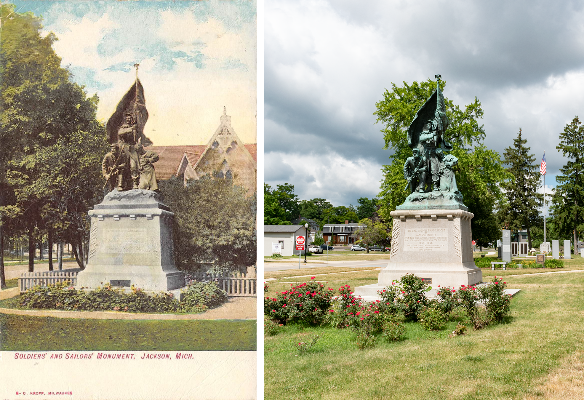 Postcard on the left, portrait orientation specifically focused on the monument, sculpture on a large plinth surrounded by flowers, bronze of three men one with gun one waving flag, home in background. Photo on the right, monument unchanged, flowers, memorials in background to veterans of other wars.