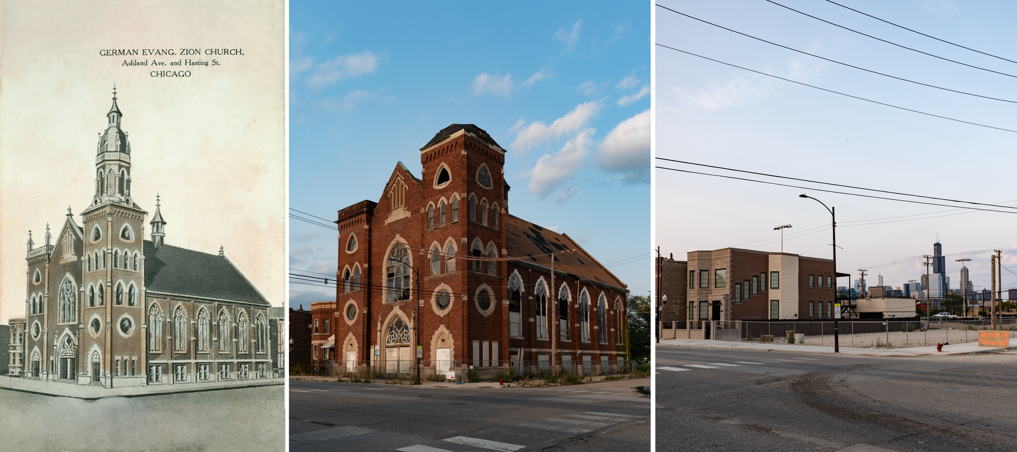 Postcard on the left: drawing, cupola, elaborate finials. 2020 photo in the center: multiple broken windows, fencing, serious roof damage, brick still gorgeous. 2024 photo: empty lot, sign that says "astroturf deliveries", skyline visible in the absence