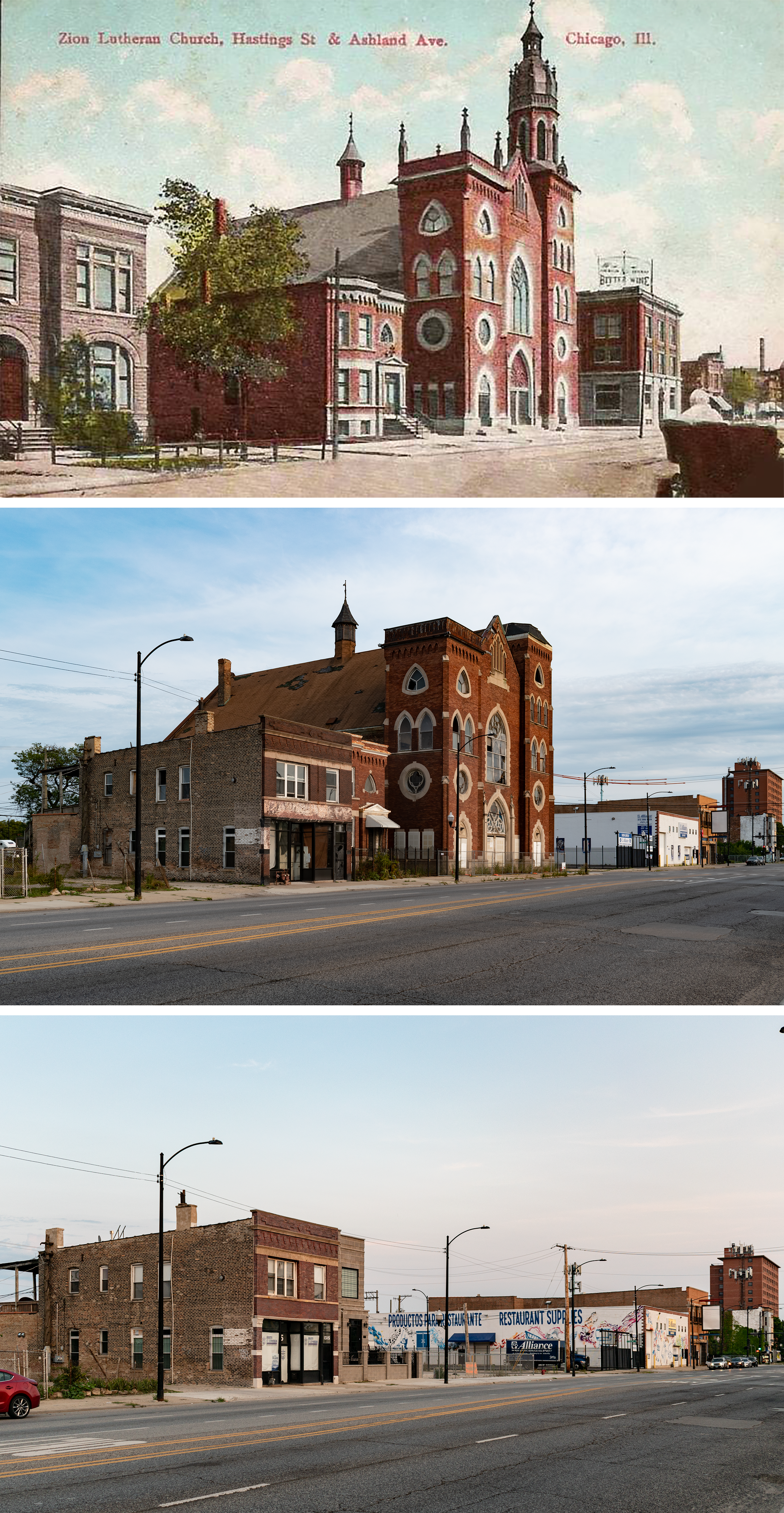 postcard on top: grey stone home, brick parsonage, ref brick church with weird little cupola, brick factory, early automobile on the street; 2020 photo in the middle, church with broken windows, damaged roof, no cupola; 2024 photo on bottom, no church at all but the parsonage has been given a grey makeover