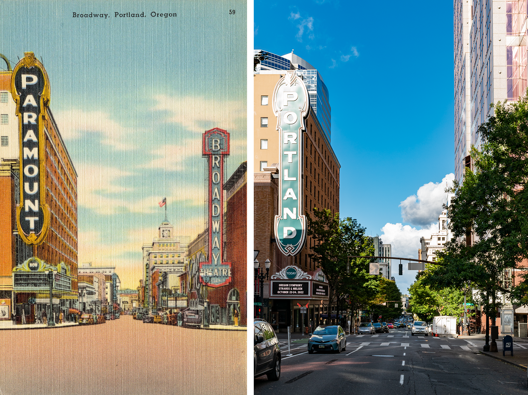 Postcard on the left: linen, color, with the Paramount marquee on the left (yellow and dark blue) and the Broadway marque on the right (red and lighter blue), with cars and more marquees visible down the street in the distance. Photo on the right: green and red Portland marquee on the right, street trees, blue sky with fluffy clouds, the pink glass of 1000 Broadway on the right, no theater.