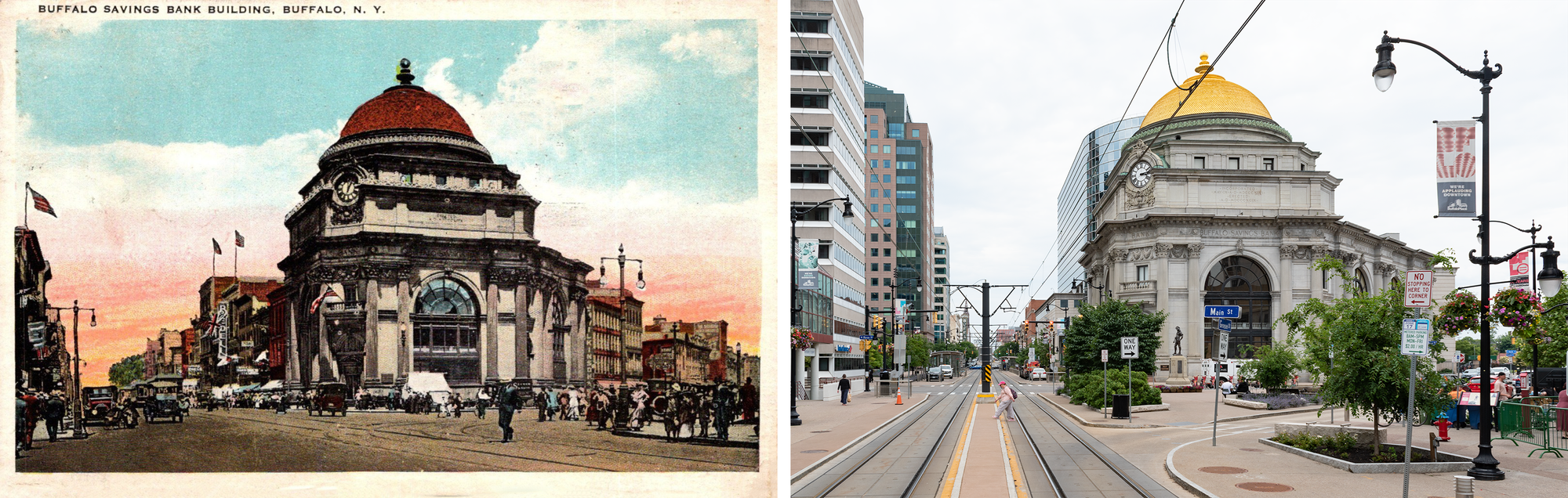 Postcard on the left, Beaux Arts stone clad bank with a reddish brown roof dome on a corner site, flanked by 3-5 story buildings, with early automobiles and many pedestrians. 2021 photo on the right, dome is gold, grey stone, fledgling street trees, catenary wires of the Buffalo Metro Rail, a handful of pedestrians.