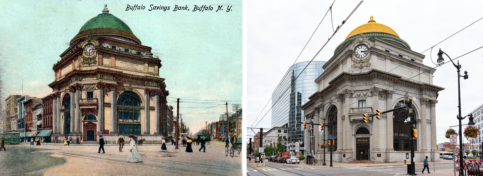 1906 postcard on the left: roof is green, two horse drawn carriages in the street, a green streetcar, many men and women wearing hats walking down the street, man on bike. Photo on the right: gold dome, one pedestrian, KPF-designed office glassy next door, catenary wires of the metro overhead.