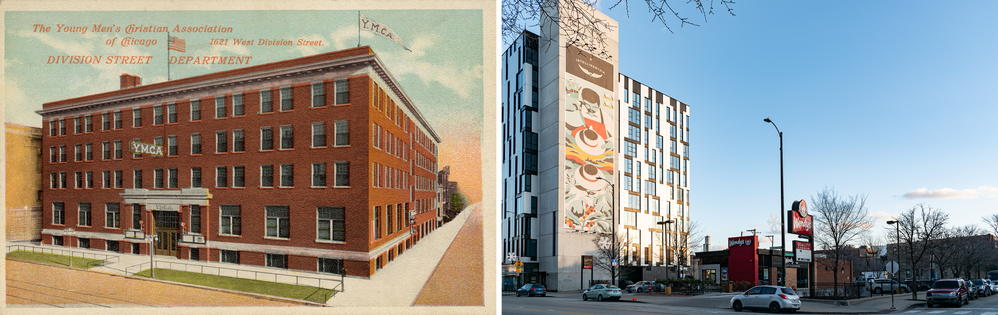 Postcard on the left: four story red brick building, hanging sign says YMCA, an American flag and YMCA flag above, two-three flats visible down Marshfield. Photo on the right: Wendy's drive-through, red sign, a handful of mostly silver cars, a 10+ story apartment building with white and black panels, a long Intelligensia coffee ad down the concrete elevator core.