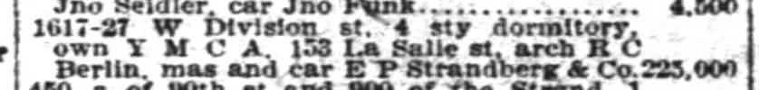 Newspaper, 1617-27 W Division St. 4 sty dormitory, own YMCA, 153 La Salle st, arch RC Berlin, etc.