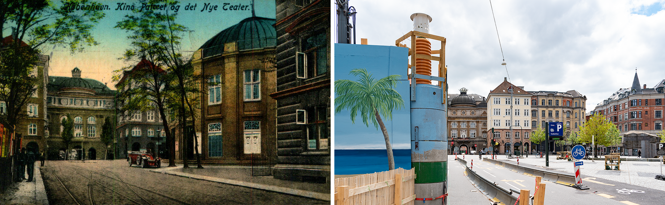 Postcard on the left: two men standing on the sidewalk next to a street, a masonry building across the street with a little crown, spindly street trees, a round building on the right, with a red car parked in front, streetcar tracks. Photo on the right: blue construction fencing with a palm tree painted on it and an orange ventilation chimney sticking out, a building in the distance across the street with a little crown next to a row of 5-story apartment buildings, an empty plaza with a parking sign, small immature trees.