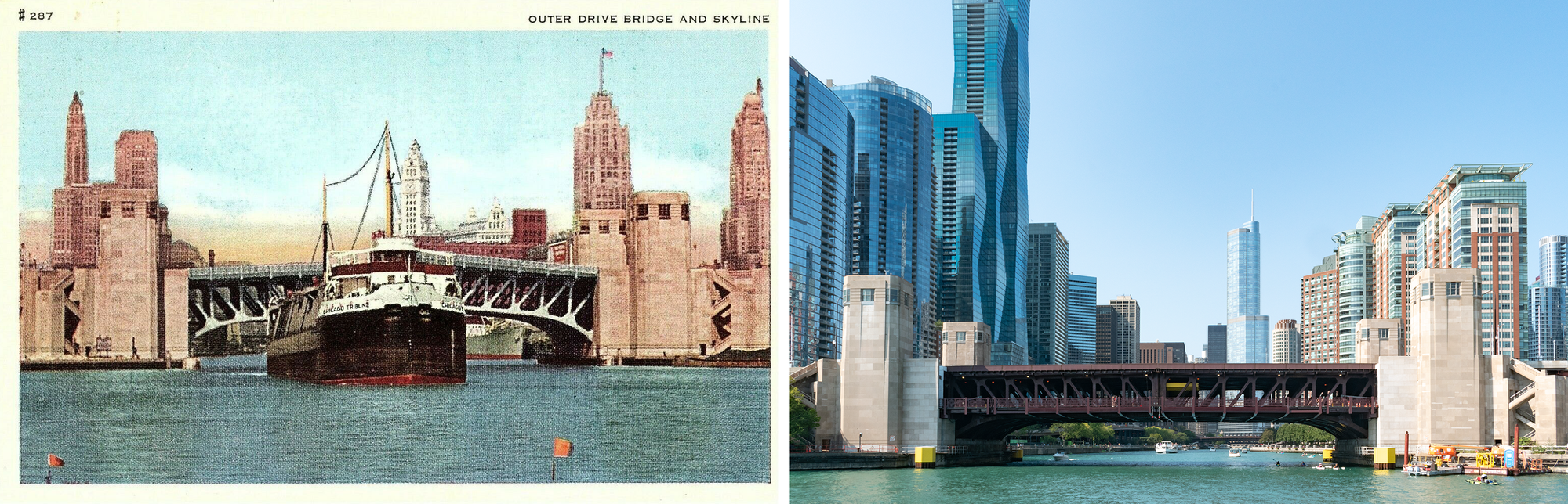 Postcard on the left: color, mouth of the Chicago River looking east, limestone Outer Drive Bridge with one leaf just about closed (but no lower level), MS Chicago Tribune ship steaming in the foreground, with Mather Tower, 333 N. Michigan, Wrigley Building, Tribune Tower, and the Medinah Athletic Club in the background | Photo on the right: Outer Drive Bridge fully down, with two levels, limestone pylons, but all the old buildings obscured by the blue glassy new skyscrapers. 