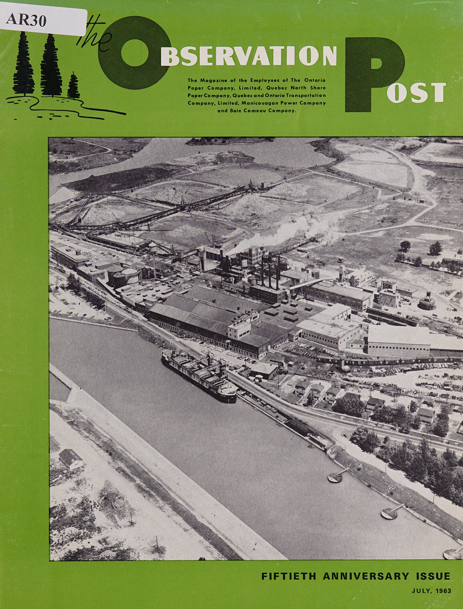 Black and white aerial photo on a green magazine cover with the mill and a ship docked.