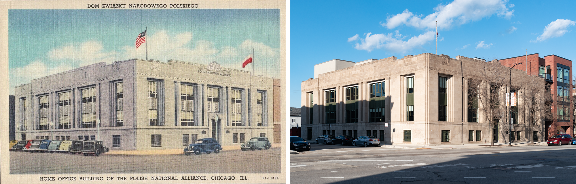 Postcard on the left: linen, greyish limestone two-story building seen from the corner, art deco columns, US and Polish flags flying, parked cars. Photo on the right: much the same, greenish panels, no Polish flag, small addition visible on the roof, small street trees. 