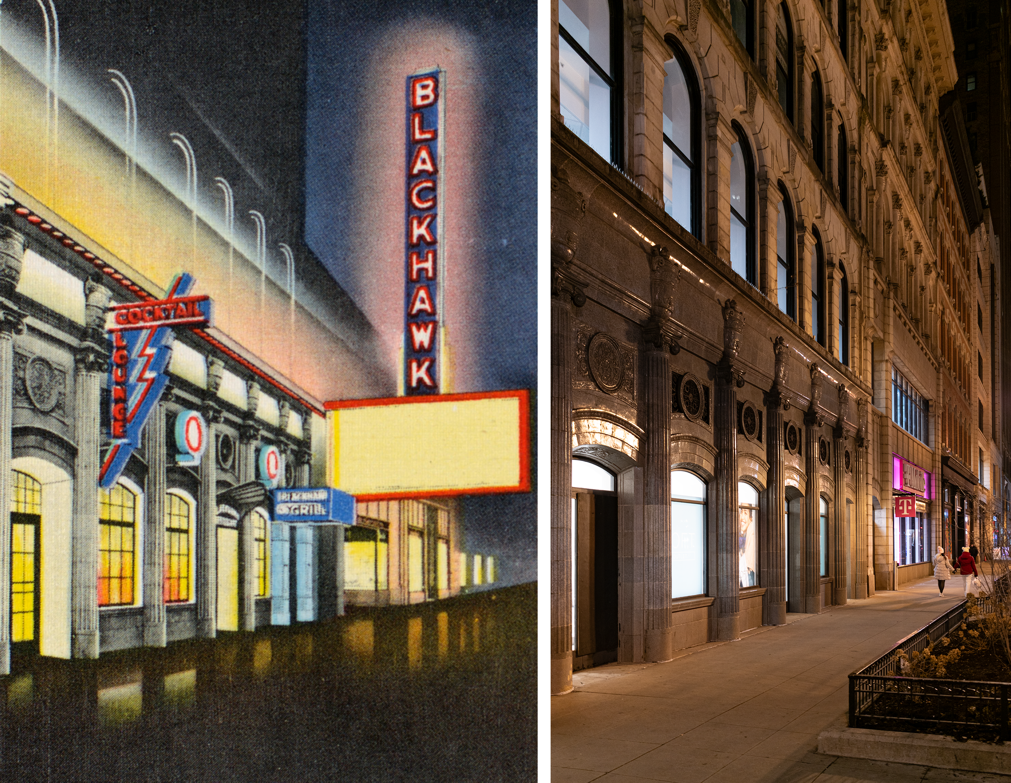 Postcard detail on the left: first couple floors of the Blackhawk Restaurant, blueish gray terracotta at night all lit up yellow with blue signage and a big blue, red, and yellow marquee. Photo on the right: blueish gray terracotta facade with no marquee, a T-Mobile sign visible in the background, a planter on the right on the street.