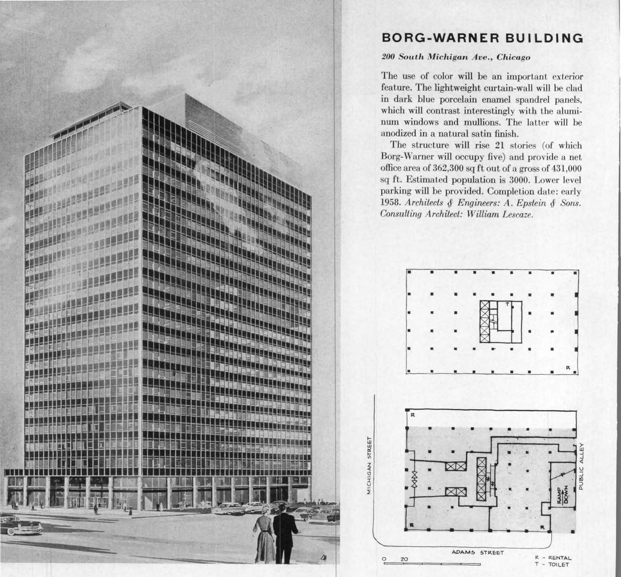 Rendering of the Borg-Warner Building, glass and steel rectangle with panel bands. 