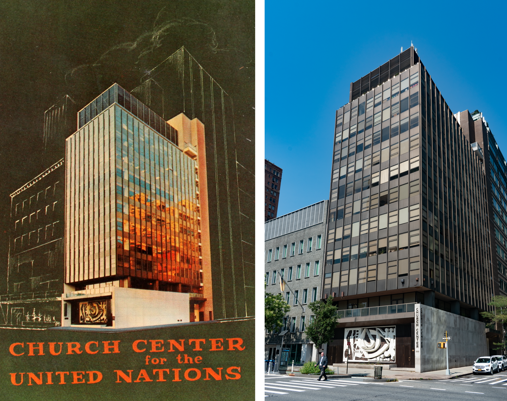 Postcard on the left: black glass and steel office building with a whitish concrete base, in color as if the sun was setting, next to silhouetted buildings. Photo on the right: black glass and steel office building with a whitish concrete base, abstract white sculpture on the first floor, man walking across street.