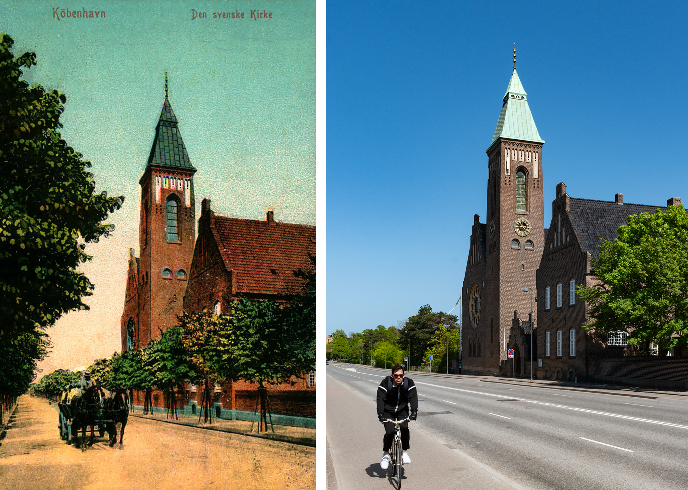 Color postcard on the left: a wagon pulled by two horses travels down a tree-lined street with a brick church and parish house to the right. Photo on the right: cyclist in the bike lane of a four-lane asphalt street, brown brick church and parish house, clock face added to the church tower. 