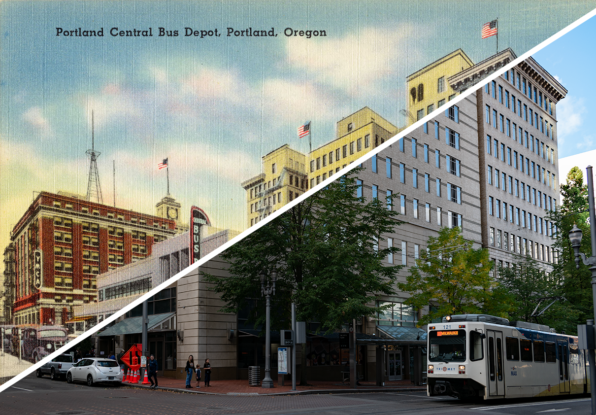 Merged image of the 1940s postcard of the Portland Central Bus Depot and the 2022 photo