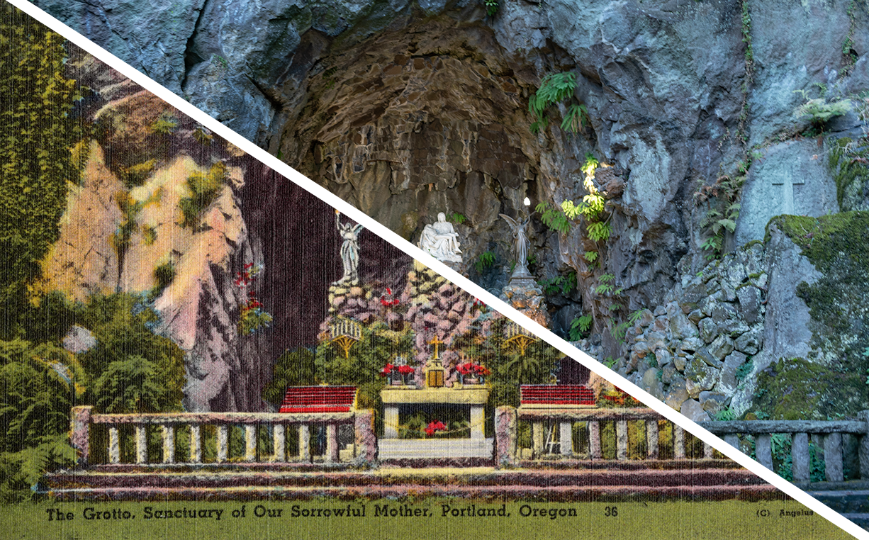 Merged image of a postcard of the Grotto and a photo