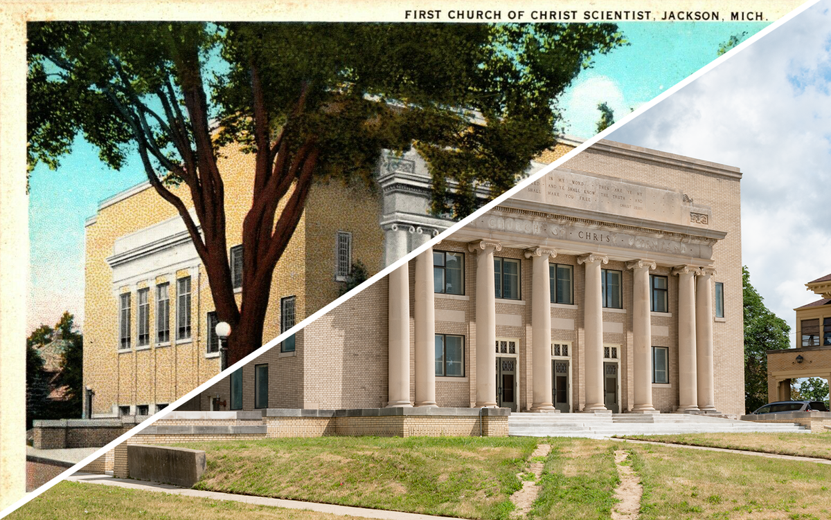 Merged image of the 1920s postcard and the 2022 photo