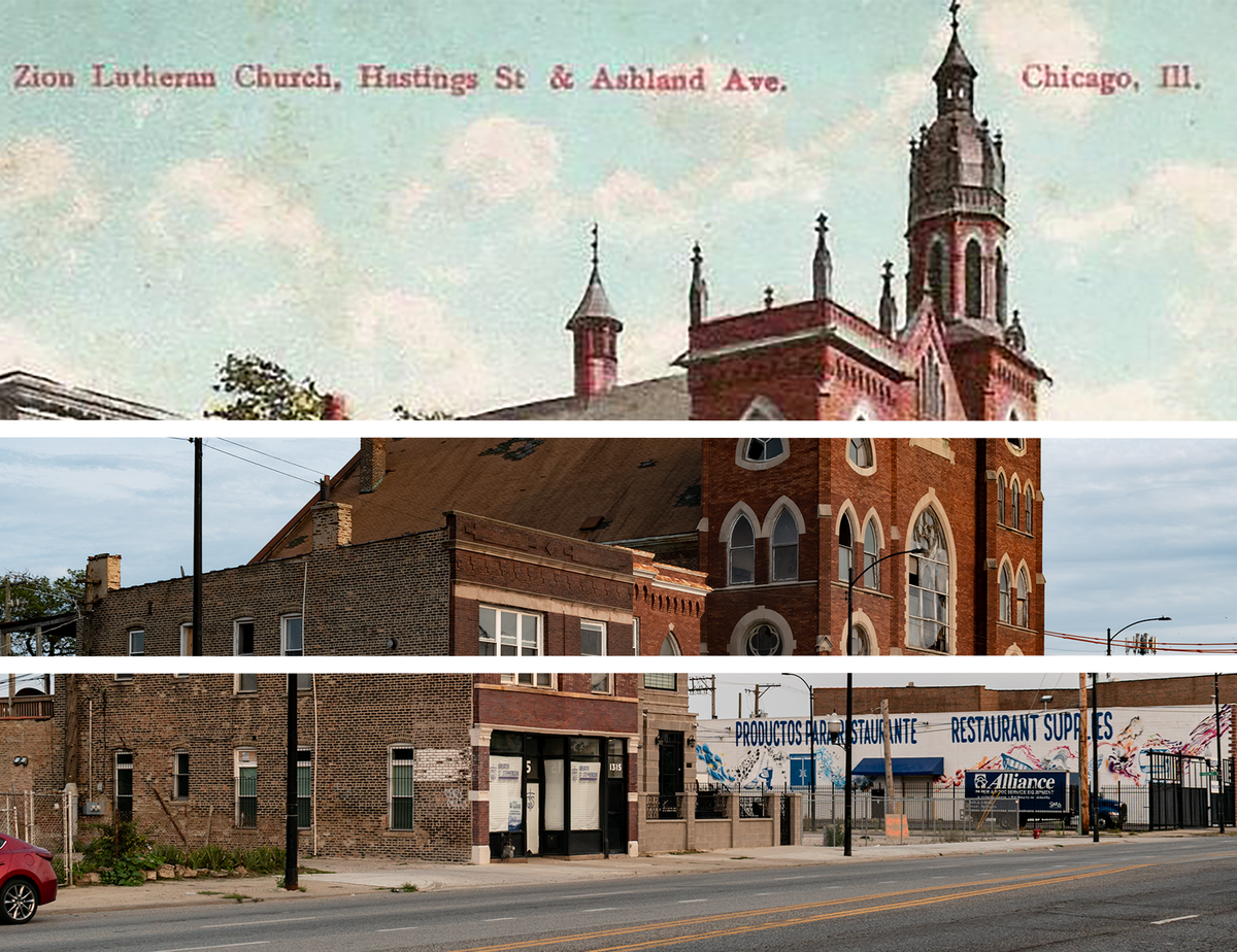 Merged image with the ~1908 postcard, 2020 photo, and 2024 photo looking east on Ashland