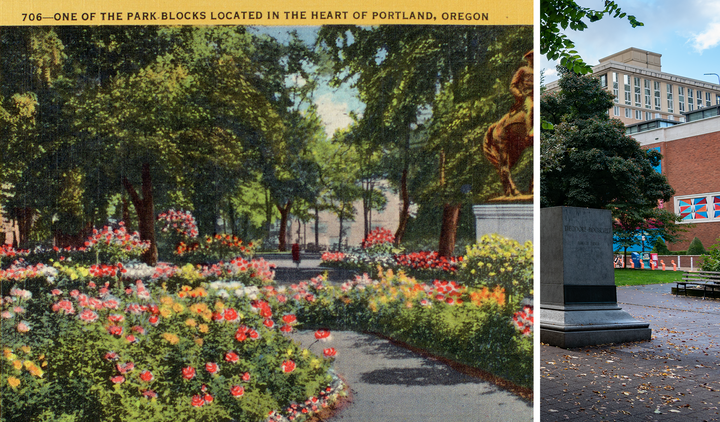 Merged image of the 1942 postcard and the 2022 photo, with the sculpture missing in the photo.