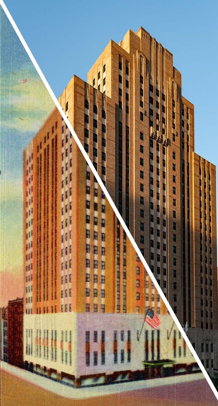 Merged image of the 1942 linen postcard and the 2024 photo