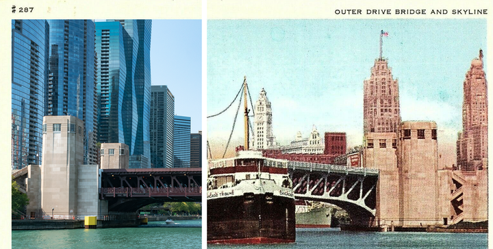 Merged image with the photo on the left and the postcard image on the right.